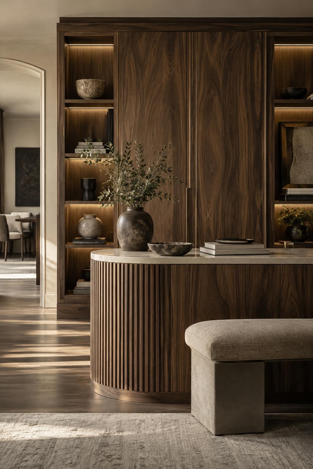 Curved fluted walnut island with a honed limestone counter beside lit walnut shelving